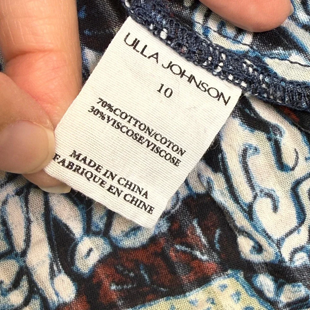 Ulla Johnson Blue Batik Floral Ruffle Cap Sleeve Cotton Viscose Top Size 10